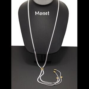 Monet White Enamel Lariat Necklace, Gold Tone Tassels, 1970s Vintage Jewelry